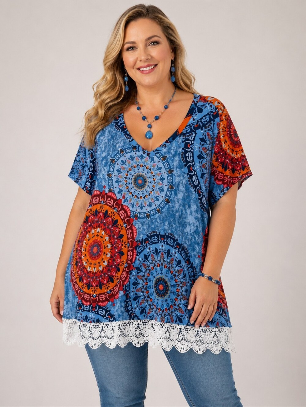 POPYOUNG  Blue Boho Mandalion Tunic Top  V Neck Plus Size Lace Trim Size 2XL